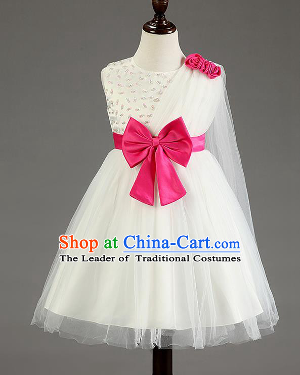 Children Fairy Princess Bowknot White Dress Stage Performance Catwalks Compere Costume for Kids