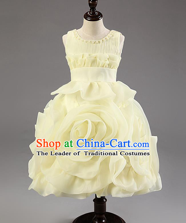 Children Modern Dance Princess Dress Stage Performance Catwalks Compere Yellow Rose Costume for Kids