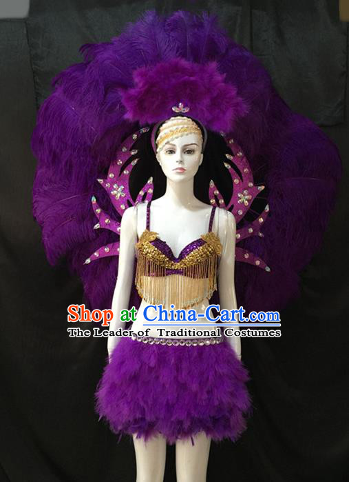 Top Grade Brazilian Carnival Samba Dance Costumes Halloween Miami Catwalks Purple Feather Swimsuit and Wings for Women