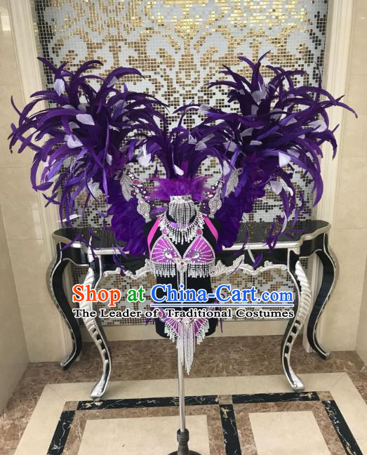 Children Catwalks Costume Modern Dance Swimsuit and Purple Feather Angel Wings for Kids