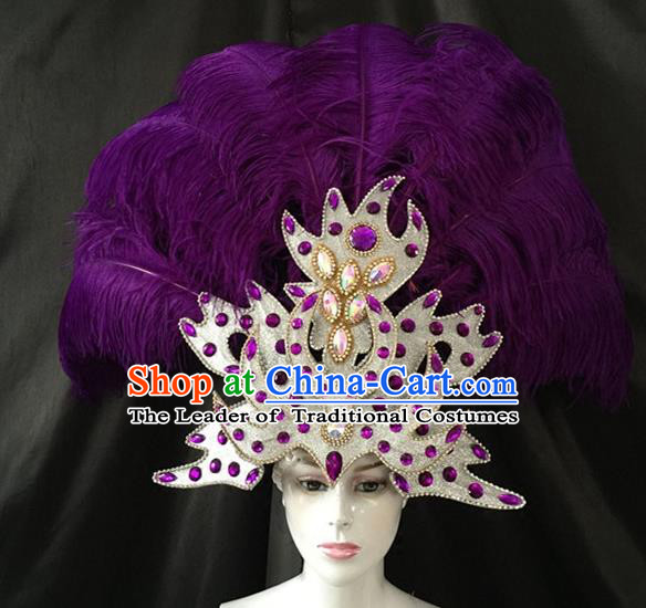 Brazilian Carnival Samba Dance Hair Accessories Dionysia Catwalks Purple Feather Headdress for Women