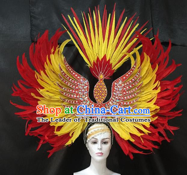 Brazilian Carnival Samba Dance Hair Accessories Dionysia Catwalks Red and Yellow Feather Headdress for Women