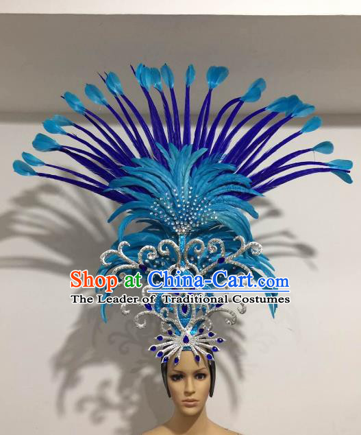 Brazilian Samba Dance Queen Hair Accessories Rio Carnival Roman Blue Feather Deluxe Headwear for Women