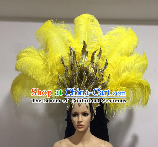 Brazilian Samba Dance Queen Hair Accessories Rio Carnival Yellow Feather Deluxe Headwear for Women