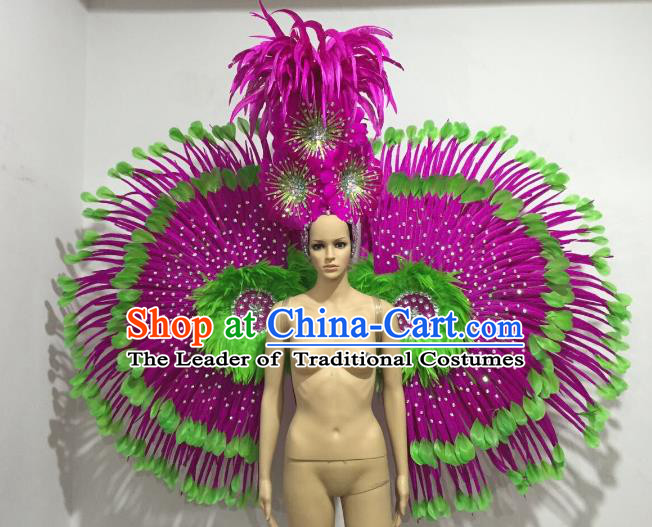 Brazilian Catwalks Props Rio Carnival Samba Dance Rosy Feather Wings and Headwear for Women