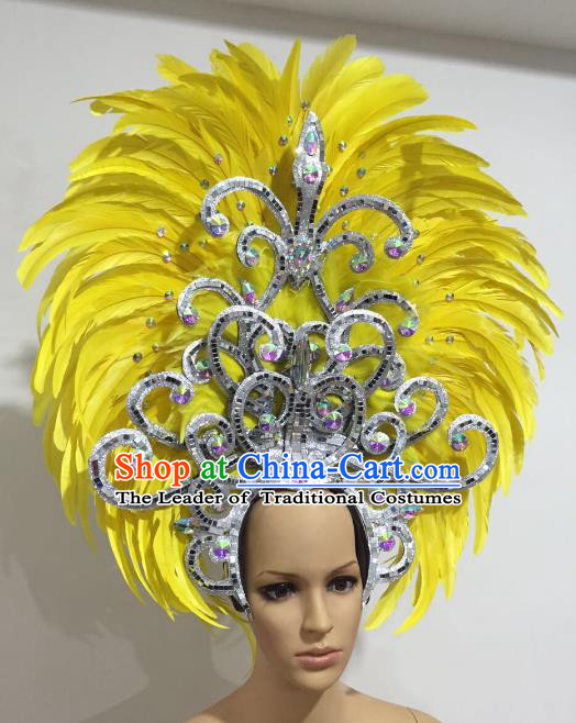 Brazilian Carnival Catwalks Hair Accessories Rio Samba Dance Yellow Ostrich Feather Deluxe Headwear for Women