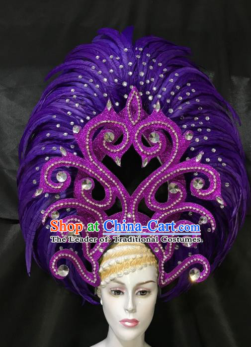 Brazilian Rio De Janeiro Carnival Purple Feather Hair Accessories Samba Dance Catwalks Headdress for Women