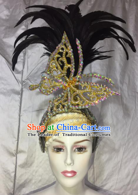 Brazilian Samba Dance Black Feather Hair Accessories Rio Carnival Catwalks Queen Butterfly Deluxe Headwear for Women