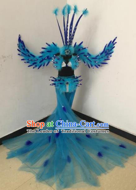 Top Grade Samba Dance Costumes Brazilian Carnival Catwalks Blue Swimsuit and Feather Wings for Kids