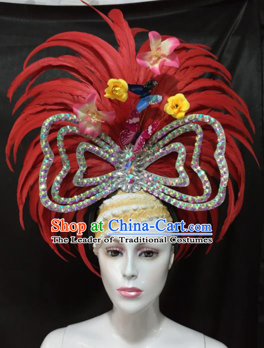 Brazilian Rio De Janeiro Carnival Red Feather Hair Accessories Samba Dance Catwalks Headwear for Kids