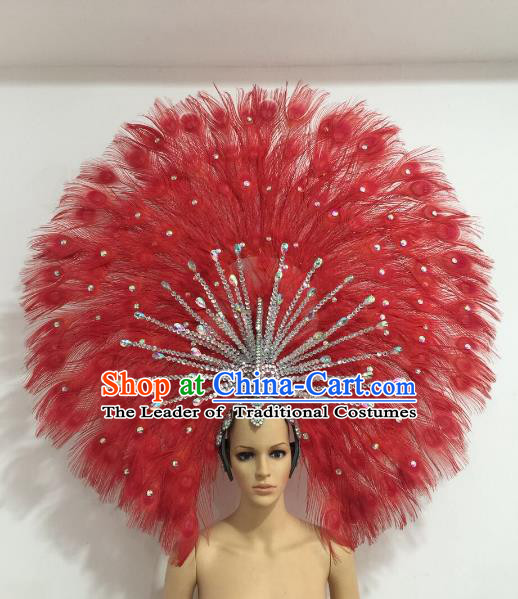 Brazilian Carnival Catwalks Red Feather Peacock Headdress Rio Samba Dance Deluxe Hair Accessories for Women