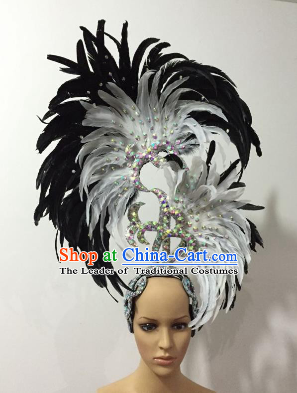 Handmade Samba Dance Deluxe White and Black Feather Hair Accessories Brazilian Rio Carnival Headdress for Women