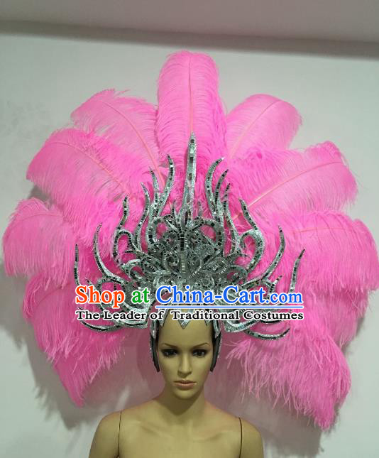 Brazilian Carnival Catwalks Pink Feather Headdress Rio Samba Dance Deluxe Hair Accessories for Women