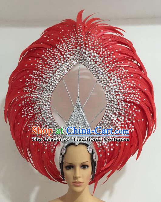 Brazilian Carnival Catwalks Red Feather Diamante Headdress Rio Samba Dance Deluxe Hair Accessories for Women
