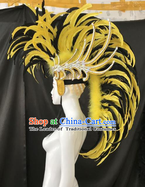 Brazilian Carnival Rio Samba Dance Yellow and Black Feather Headdress Miami Catwalks Deluxe Hair Accessories for Men