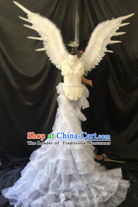 Brazilian Carnival Samba Dance Catwalks Costumes Trailing Swimsuit and White Feather Wings for Kids