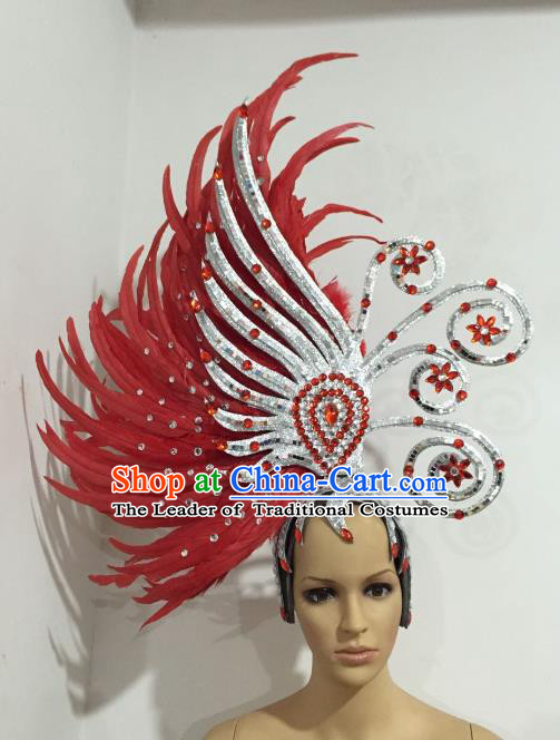 Brazilian Samba Dance Queen Hair Accessories Rio Carnival Red Feather Deluxe Headwear for Women