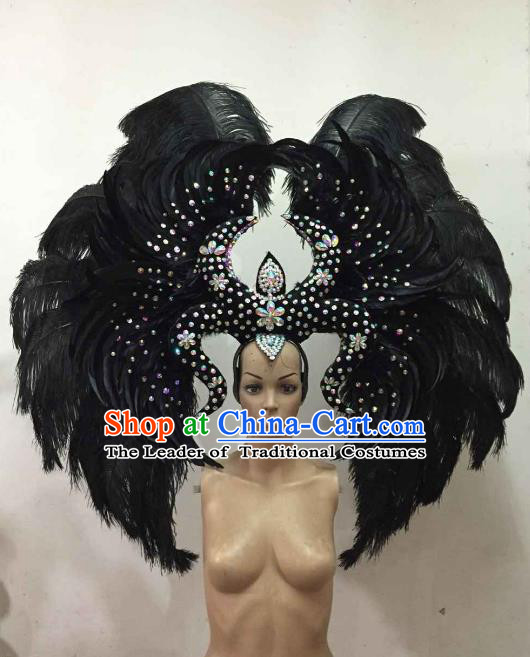 Customized Deluxe Black Feather Samba Dance Hair Accessories Brazilian Rio Carnival Headdress for Women