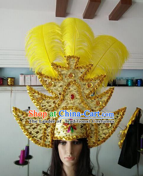 Professional Samba Dance Hair Accessories Brazilian Rio Carnival Golden Sequins Feather Headdress for Women