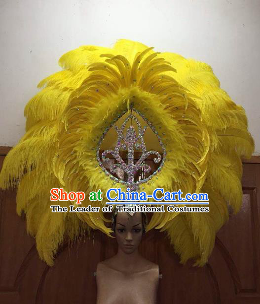 Professional Samba Dance Deluxe Hair Accessories Brazilian Rio Carnival Yellow Feather Headdress for Women