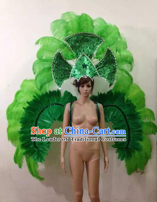Customized Halloween Catwalks Props Brazilian Rio Carnival Samba Dance Green Feather Deluxe Wings and Headwear for Women