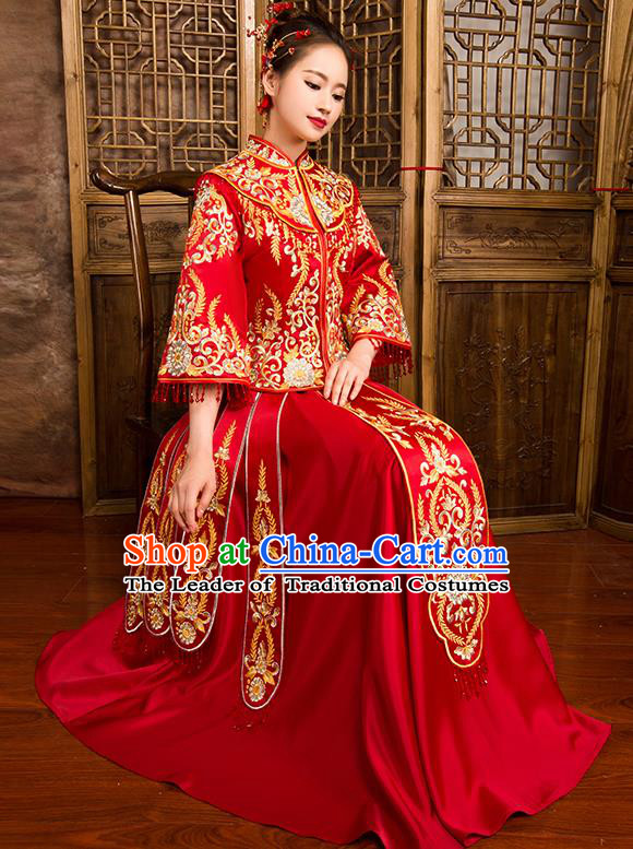 Traditional Chinese Bridal Costumes Ancient Bride Wedding Embroidered Red XiuHe Suit for Women