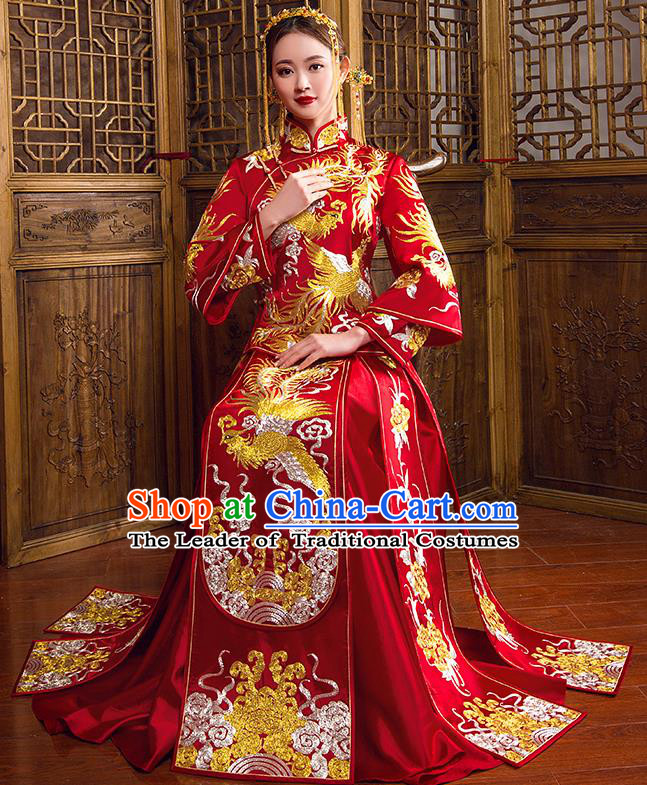 Traditional Chinese Bridal Wedding Costumes Ancient Bride Red Embroidered Phoenix Peony Longfeng Flown XiuHe Suit for Women