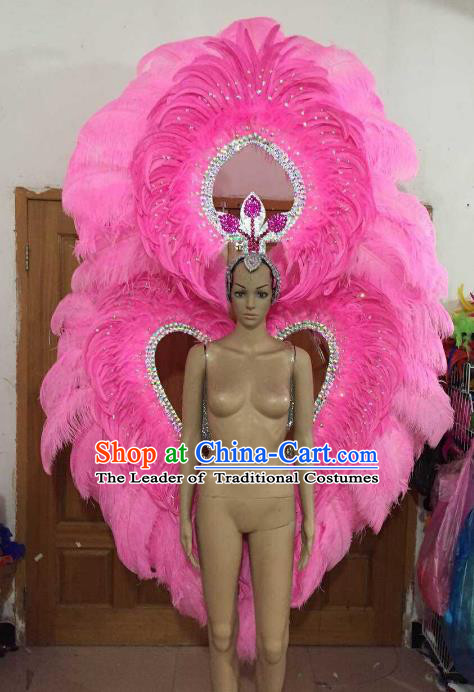 Custom-made Catwalks Props Brazilian Rio Carnival Samba Dance Pink Feather Deluxe Heart-Shape Wings and Headwear for Women