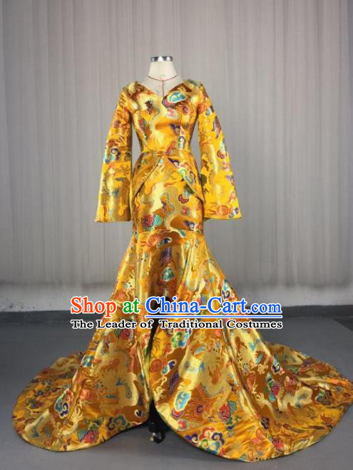 Top Grade Chinese Catwalks Costume Halloween Stage Performance Yellow Cheongsam Dress Brazilian Carnival Clothing for Women