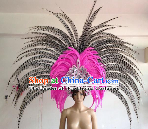 Professional Halloween Catwalks Hair Accessories Brazilian Rio Carnival Samba Dance Deluxe Pink Feather Headwear for Women