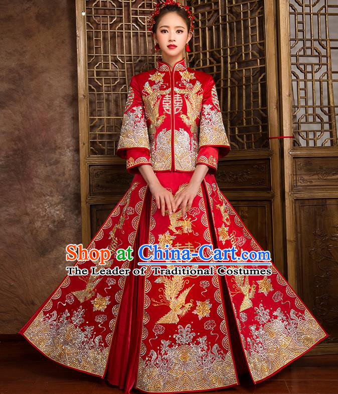 Traditional Chinese Bridal Costumes Ancient Bride Wedding Embroidered Dragon Phoenix XiuHe Suit for Women