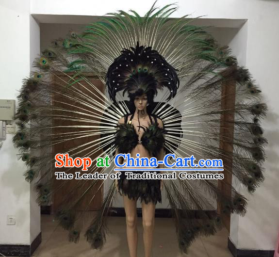 Brazilian Rio Carnival Samba Dance Costumes Catwalks Peacock Feather Swimwear and Wings for Women