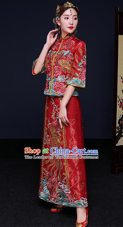 Traditional Chinese Female Wedding Costumes Ancient Red Bottom Drawer Embroidered Phoenix Peony XiuHe Suit for Bride
