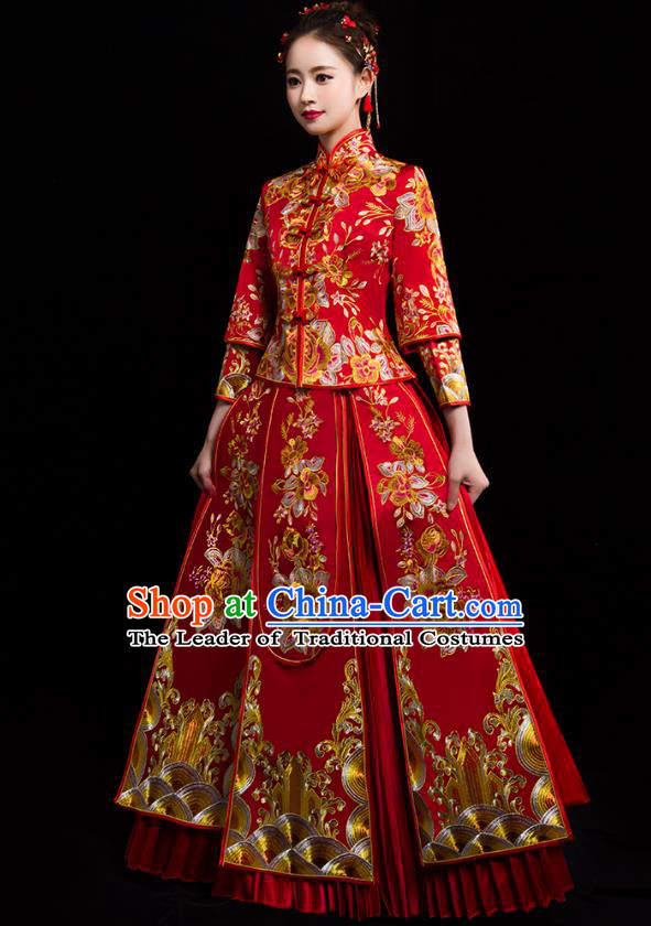 Traditional Chinese Embroidered Peony Diamante XiuHe Suit Wedding Costumes Full Dress Ancient Bottom Drawer for Bride