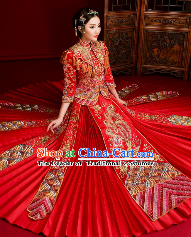 Traditional Chinese Embroidered Phoenix Slim XiuHe Suit Wedding Costumes Full Dress Ancient Bottom Drawer for Bride