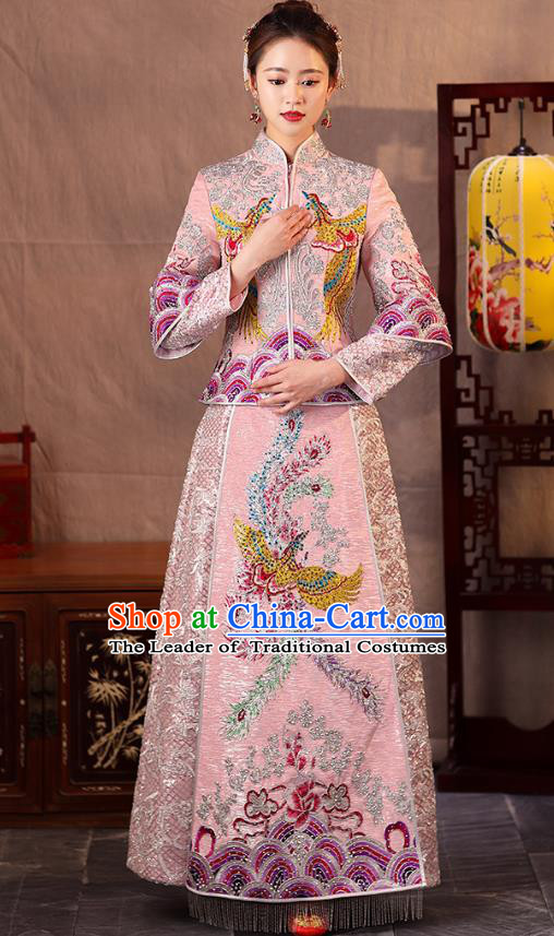 Traditional Chinese Embroidered Phoenix Slim Pink XiuHe Suit Wedding Costumes Full Dress Ancient Bottom Drawer for Bride