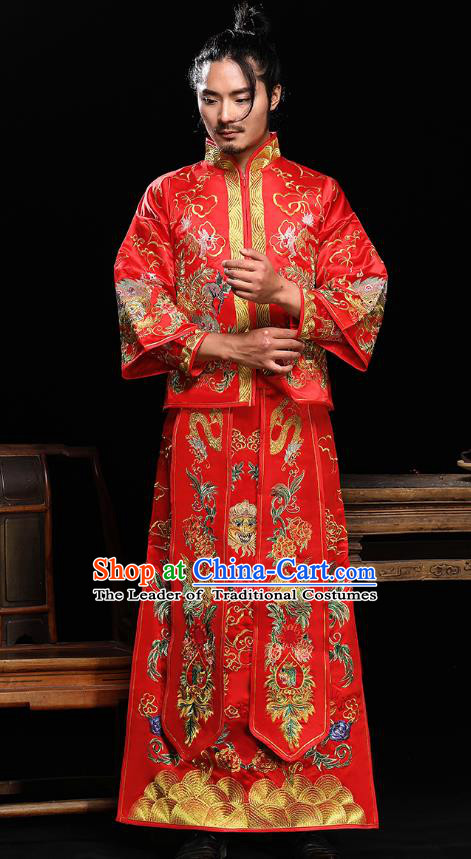 Ancient Chinese Wedding Toast Costumes Traditional Bridegroom Embroidered Dragon Peony Tang Suit for Men