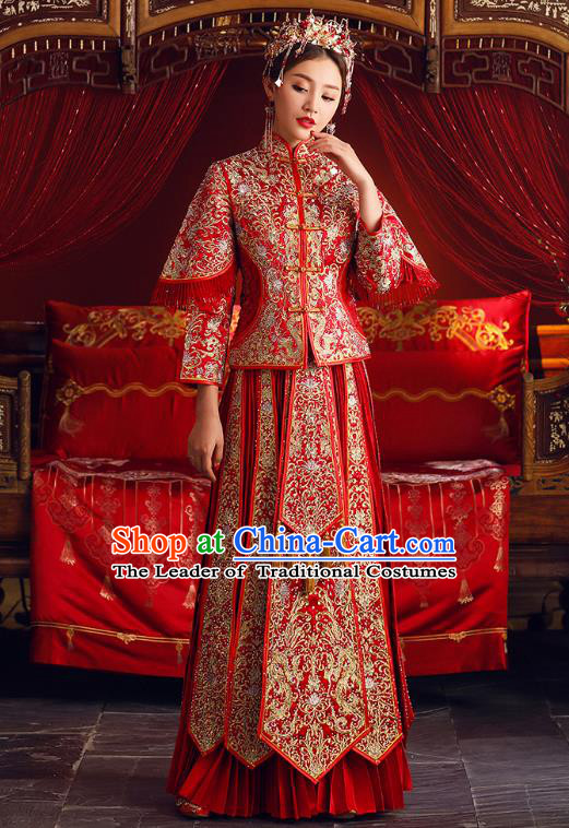 Chinese Ancient Bride Formal Dresses Embroidered Cheongsam XiuHe Suit Traditional Wedding Costumes for Women