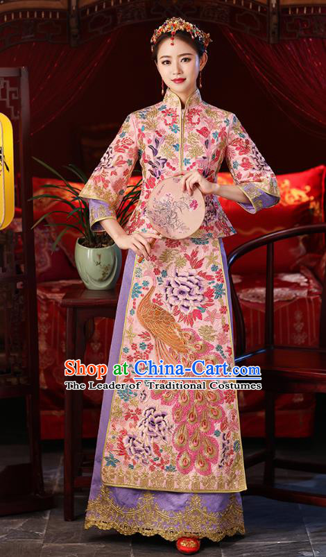 Chinese Ancient Embroidered Wedding Costumes Bride Formal Dresses Pink Toast Cheongsam XiuHe Suit for Women