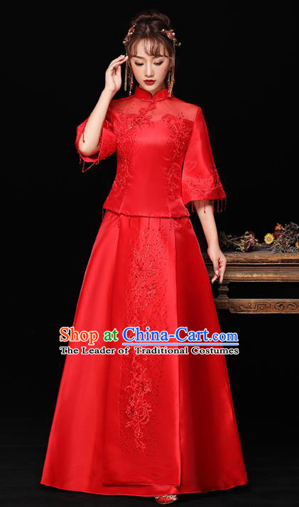 Chinese Ancient Wedding Costumes Bride Red Formal Dresses Embroidered Longfenggua XiuHe Suit for Women