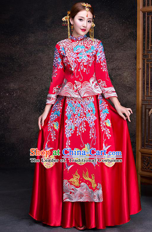 Top Grade Chinese Traditional Wedding Dress XiuHe Suit Ancient Bride Embroidered Cheongsam for Women
