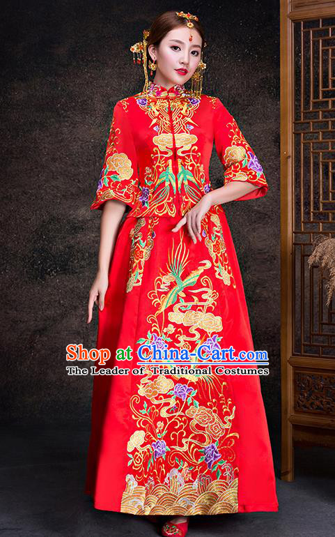 Chinese Traditional Wedding Dress XiuHe Suit Ancient Bride Embroidered Phoenix Cheongsam for Women