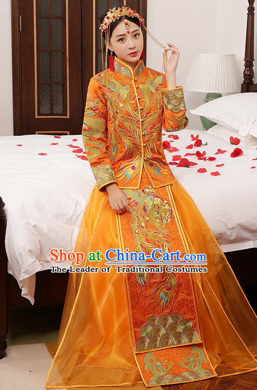 Chinese Traditional Embroidered Wedding Dress Golden XiuHe Suit Ancient Bride Cheongsam for Women