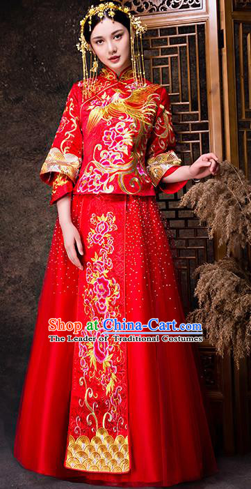 Chinese Traditional Wedding Dress XiuHe Suit Ancient Bride Embroidered Peony Toast Cheongsam for Women