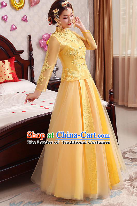 Chinese Traditional Wedding Costume Yellow Veil XiuHe Suit Ancient Bride Embroidered Toast Formal Dress for Women
