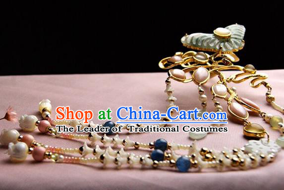 Chinese Traditional Hair Accessories Ancient Empress Jade Butterfly Tassel Hairpins for Women