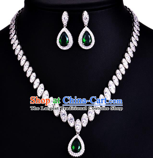 Top Grade Wedding Bride Jewelry Accessories Green Crystal Necklace and Earrings for Women