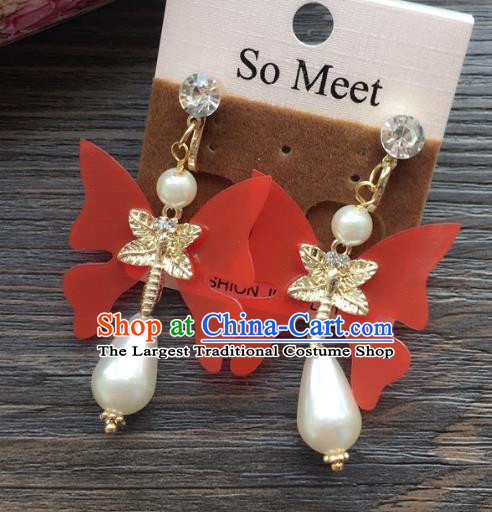 Top Grade Wedding Bride Jewelry Accessories Red Butterfly Pearl Earrings for Women