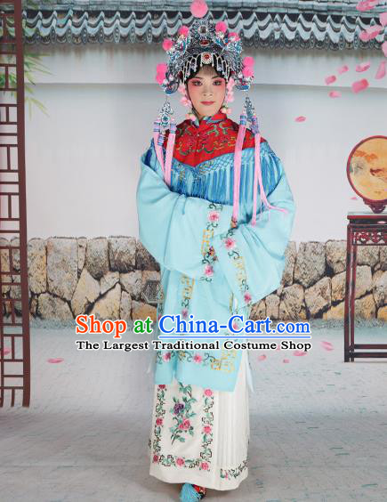 Professional Chinese Beijing Opera Diva Embroidered Blue Costumes Red Shawl Clothing and Headwear for Adults