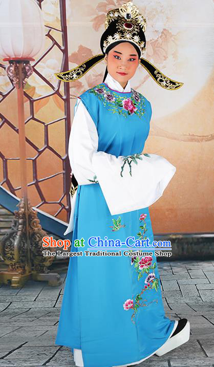Professional Chinese Peking Opera Niche Costume Huangmei Opera Jia Baoyu Blue Robe and Hat for Adults